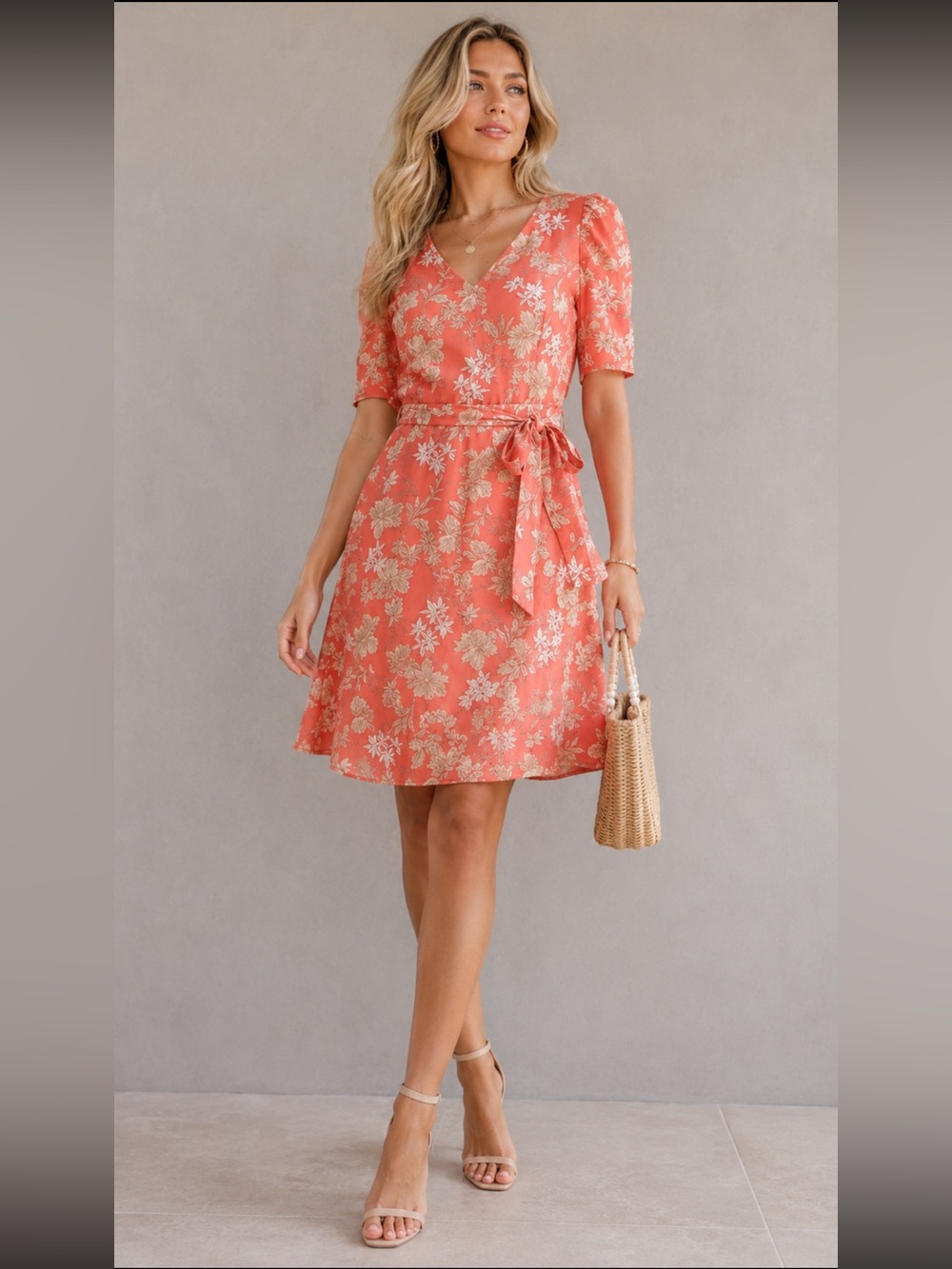Tommy Hilfiger Coral Floral V-Neck Midi Dress